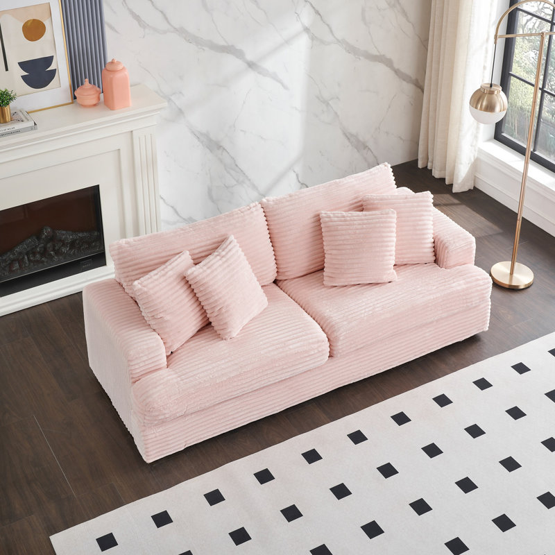 Comfortable Corduroy Sofa with Matching Pillows for Modern Living Room, Pink, 31" H 79.3" W X 34" D