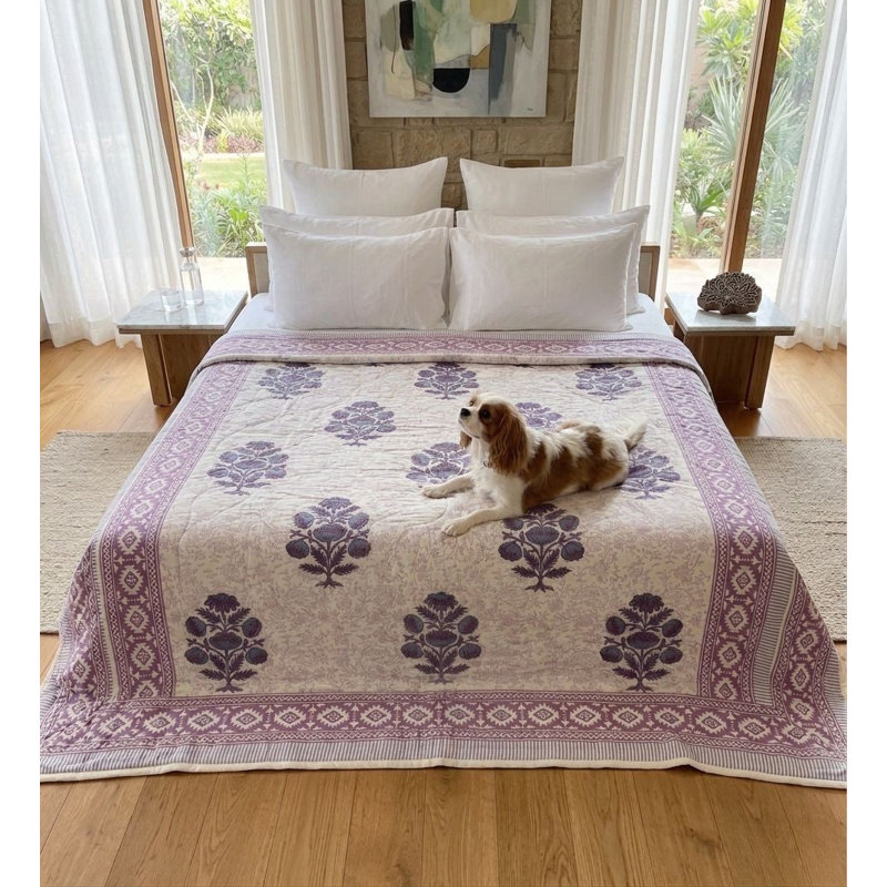100% Cotton Muslin Reversible Comforter | Hypoallergenic Jaipur Hand Block Print, Purple, King