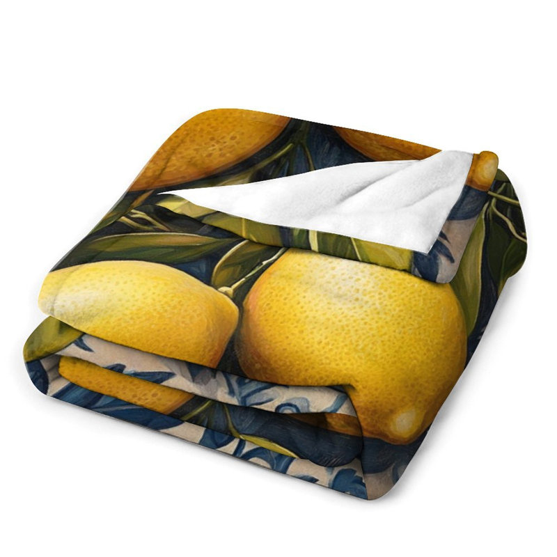 Jeté en flanelle de luxe citrons sur fond de carreaux bleus, couverture douce et chaude pour le salon, 30 po x 40 po