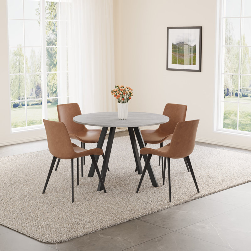 Round Dining Table Set, Modern Kitchen Table with Dining Chairs, Brown, Gray, 5 Pieces: Table, 4 Chairs 