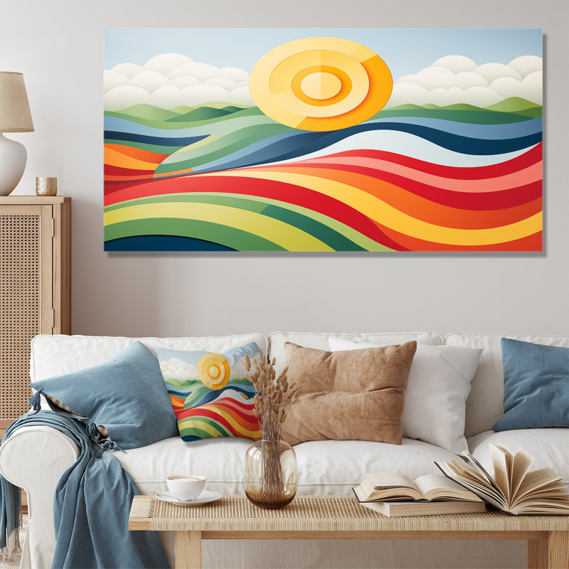 «Yellow and Red Vibrant Landscape Horizons», art mural abstrait, Toile tendue, H 28 po x l 60 po x P 1,5 po