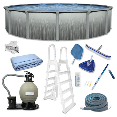 Blue Wave Martinique 27-ft Round 52-in Deep Hard Sided Above Ground Pool Kit with 7-in Steel Top Rails, Dual-Speed Sand Filter System, Ladder, Liner, Skimmer & Maintenance Kit – 16,200 Gallon Cap