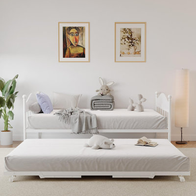 Metal Daybed with Pop-Up Trundle and Lockable Casters, Space-Saving Sofa Bed Frame with Stylish Headboard, Twin