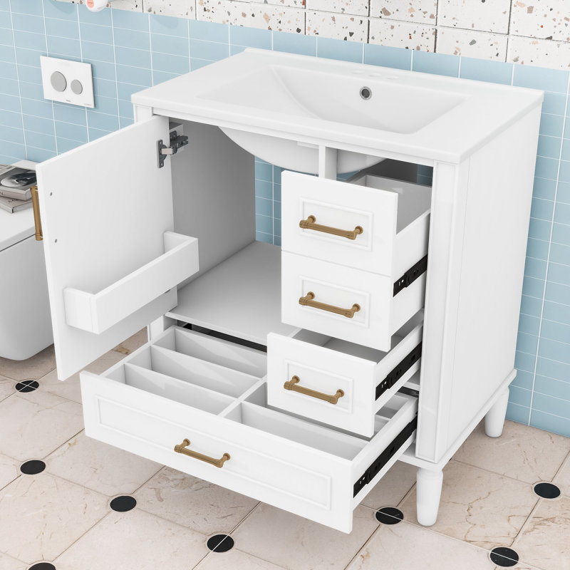 Meuble-lavabo de salle de bain avec lavabo en céramique, tiroirs de rangement et porte, Blanc