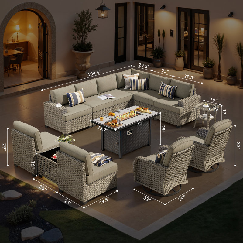 10-Person  Outdoor Sectional With Fire Pit,All-Weather Wicker Patio Set, Dark Gray