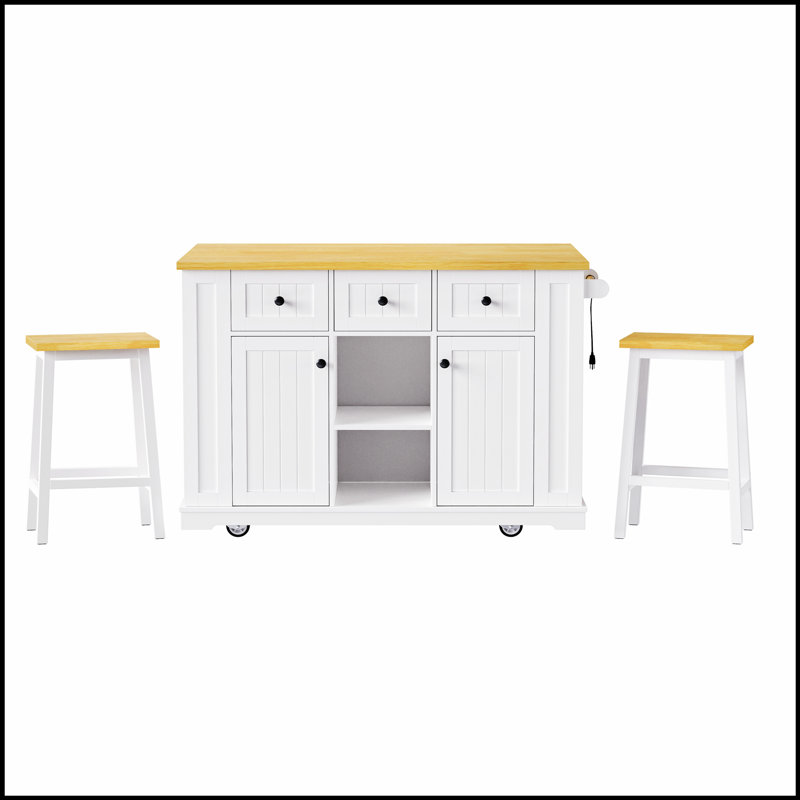 53-Inch Large Kitchen Island With 2 Bar Stools, Power Outlet, Internal Storage, And Mobile Design For Modern Kitchens And Dining Rooms