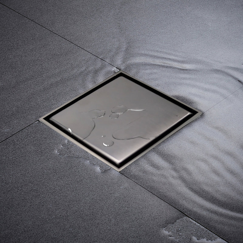 4 Inch Square Shower Floor Drain, Tile Recessed with Removable Hidden Cover, Stainless Steel, GunGray Floor Drain for Bathroom