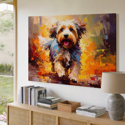 A Vivid Impressionistic Painting Of A Fluffy Long Haired Dog Running Joyfully The Fur Is Canvas Wall Art Premium Quality Ready To Hang