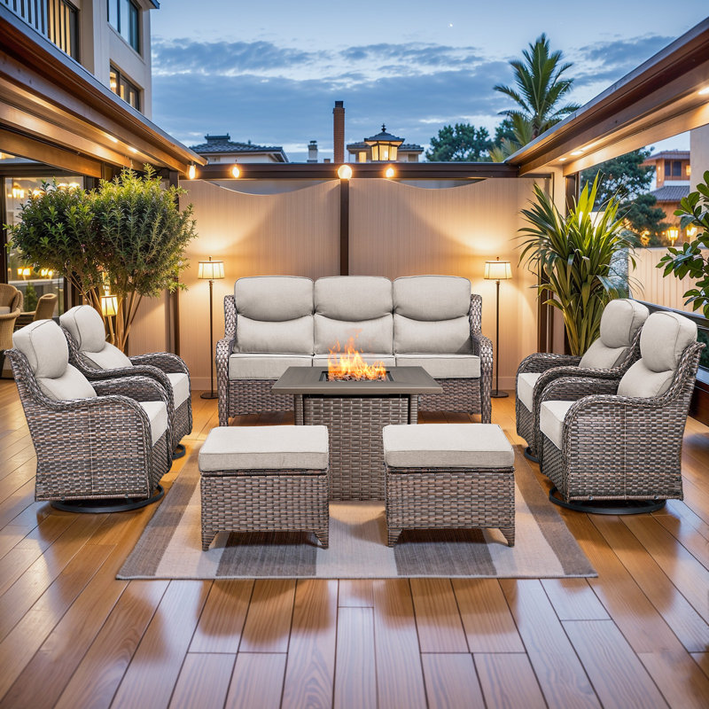 High Back Outdoor Furniture With 6-Inch Extra Thick Cushions, Patio Furniture Set With Fire Pit Table & Swivel Chairs, 8PCS Wicker Conversation Set For Yard, Deck, Poolside