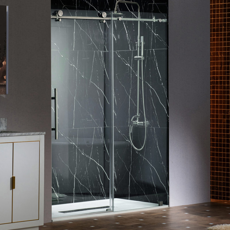 45.5-48" W X 76"H Frameless Single Sliding Shower Doors With 3/8"(10mm) Clear Tempered Glass, Soft Close System And Explosion-Proof Film