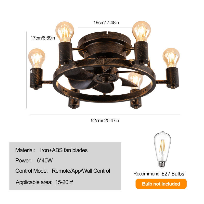 52 cm Farmhouse Reversible Caged Ceiling Fan with Light Kit and Remote, Black with Brushed Gold