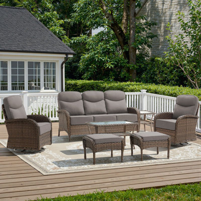 7 - Person Outdoor Wicker Furniture Conversation Patio Set With Plush 6" Cushions, All-Weather Comfort