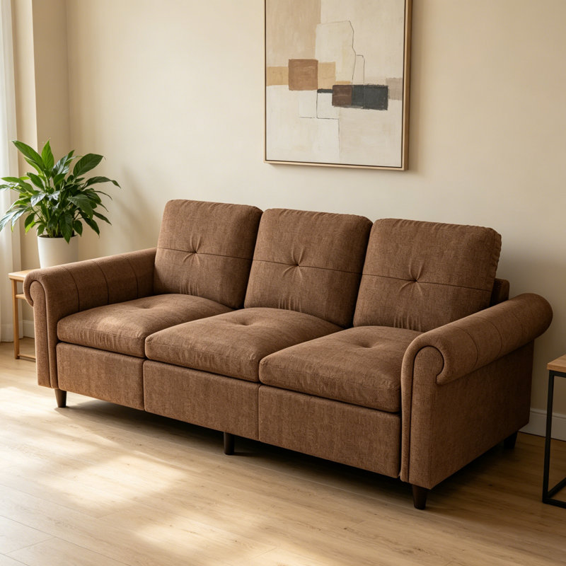 78.74''Modern Sofa Rolled Arms Upholstered Couch, Brown