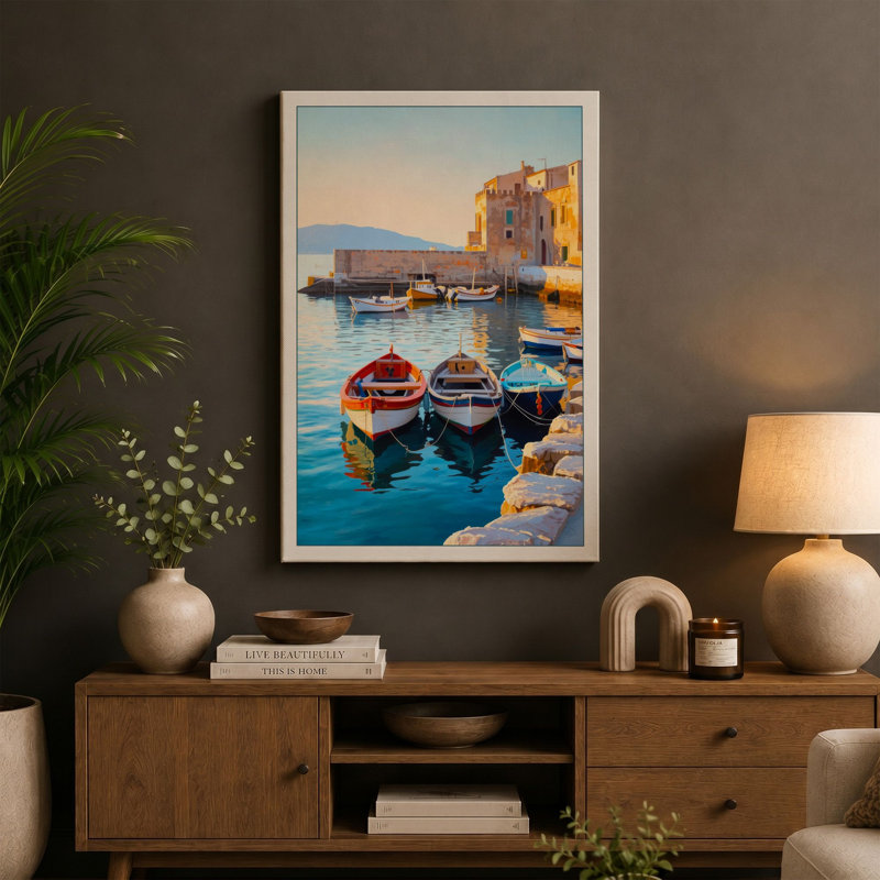 Fortress and Fishing Boats Coastal - Wrapped Canvas, 30x20 - 76.2 x 50.8 cm, Ochre Border