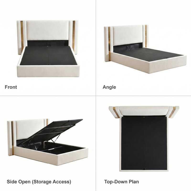 Linen Upholstered Platform Bed with Full-Slab Base & Hydraulic Lift Storage - Gold Accents, Queen, White