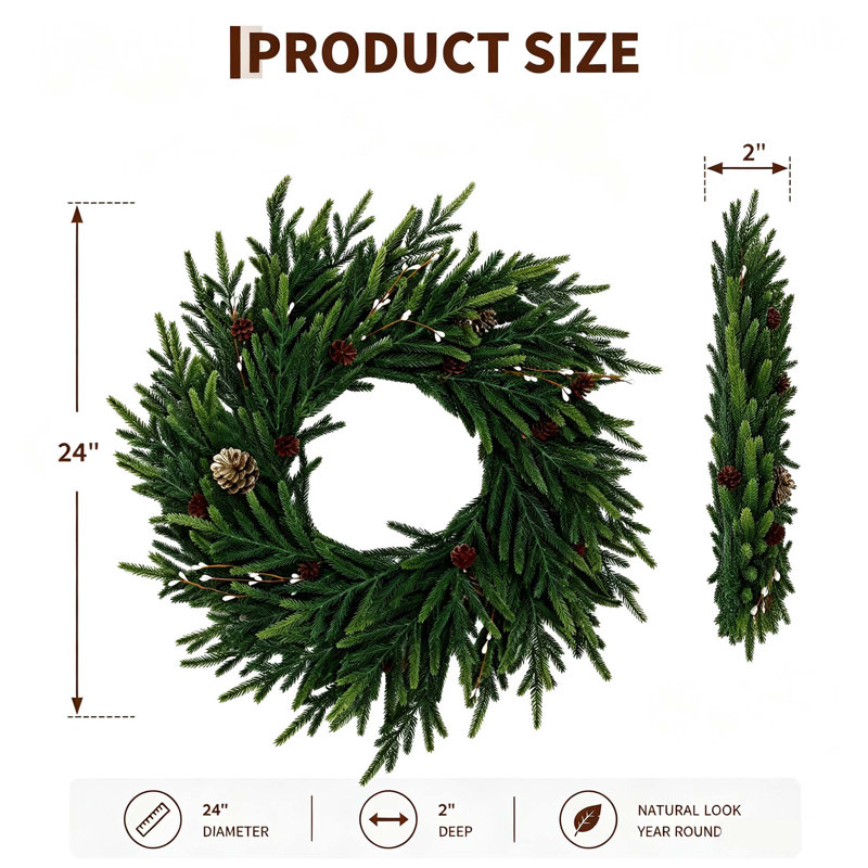 Couronne de Noël artificielle 24 po avec 20 lumières DEL, verdure de cyprès et pommes de pin pour porte d'entrée, manteau de cheminée et décoration des Fêtes 24 po