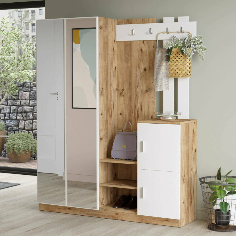Dgautier Hall Tree 147.6cm Wide with Shoe Storage, Oak/White