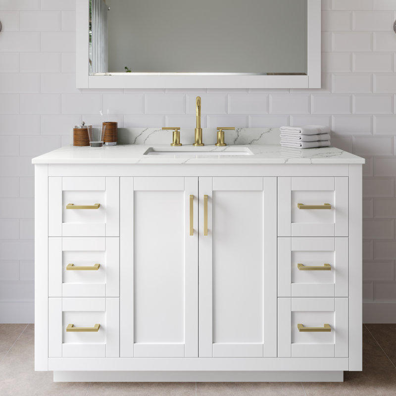 Miranda 48" Freestanding Single Bathroom Vanity with Quartz Top, Giotto Quartz, White, Brushed Gold