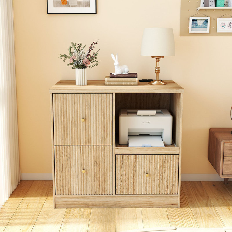 31.5"W 3-Drawer File Cabinet with Charging Station, Pull-Out Open Shelf and Anti-Tipping Design, Natural Wood