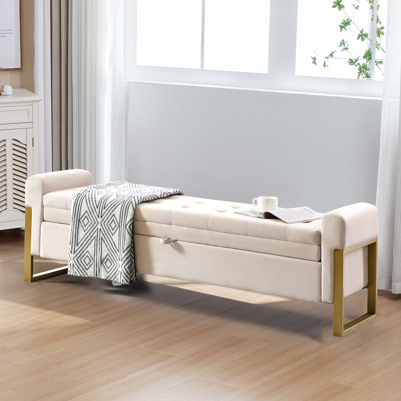 67'' W Modern Upholstered Flip Top Storage Bench for Bedroom End of Bed King Size with Button-Tufted and Gold Legs