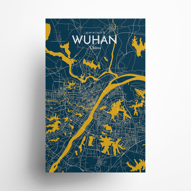 Carte de la ville de Whan, impression, H 17 po x l 11 po, Bleu / jaune