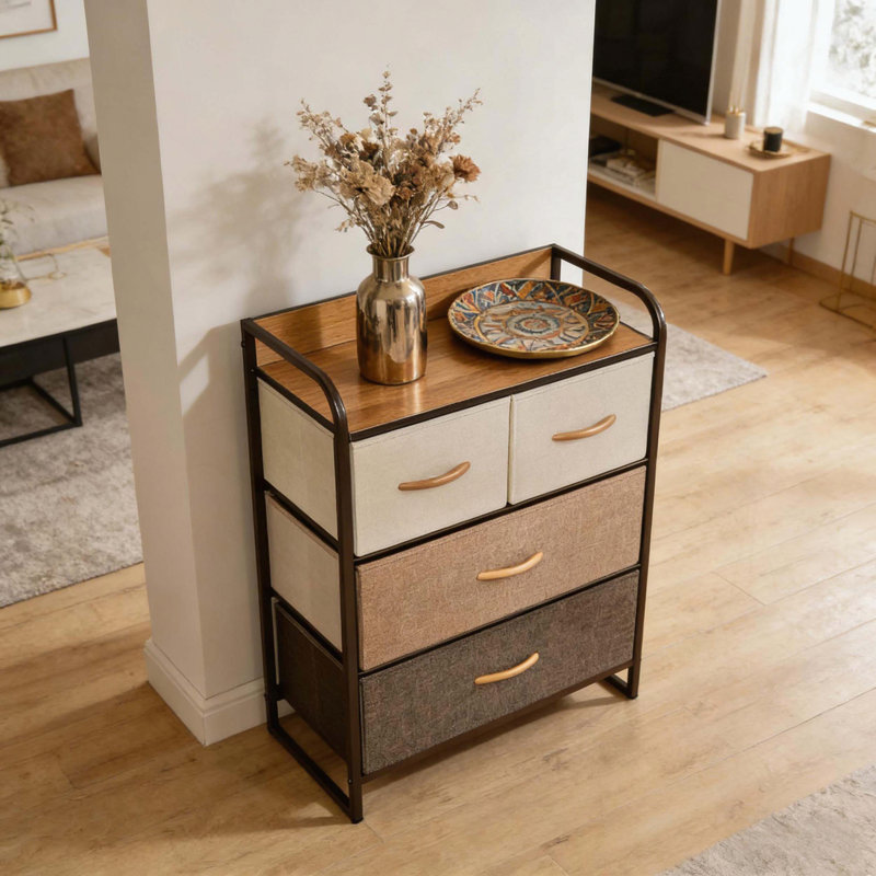 Commode de rangement à 4 tiroirs avec tiroirs en tissu pliables