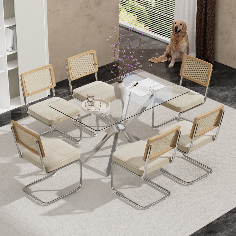 Rectangular Tempered Glass Dining Table Set With Luxury Velvet Rattan Back Upholstered Dining Chairs - Modern Contemporary Small Space Design
