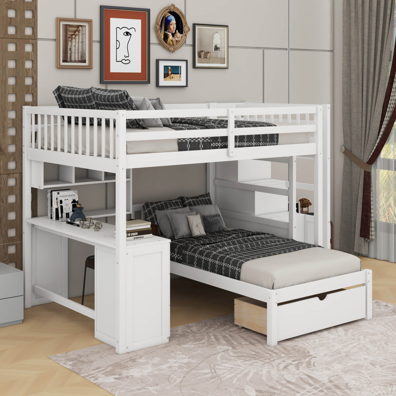 Lit superposé double au-dessus de simple avec bureau, tiroirs et tablettes, Blanc