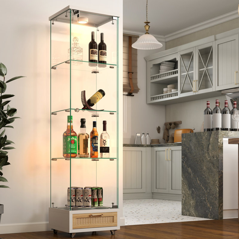 Étui de rangement en verre trempé moderne à 1 porte et 4 tablettes avec tiroir, 13 lumières à DEL de couleur et nettoyage pratique pour le salon Blanc Assemblage rapide Éclairage permettant d'économiser de l'espace