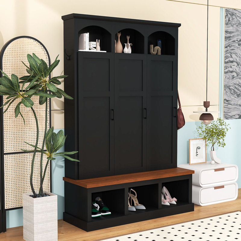 Hall Tree with Bench, 3 Hidden Cabinets and 5 Hooks, Black