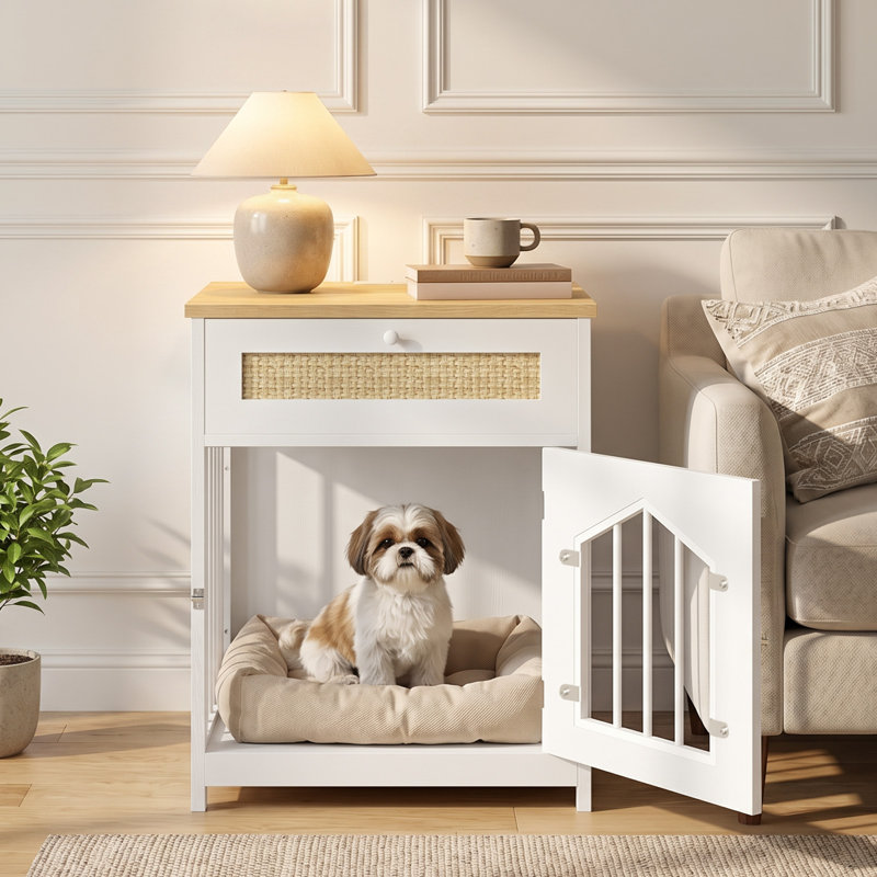 Mobilier pour cage de chien avec prise de courant, cage pour table d'appoint avec tiroir en rotin, chenil en bois pour petits chiens, maisonnette d'intérieur pour salon