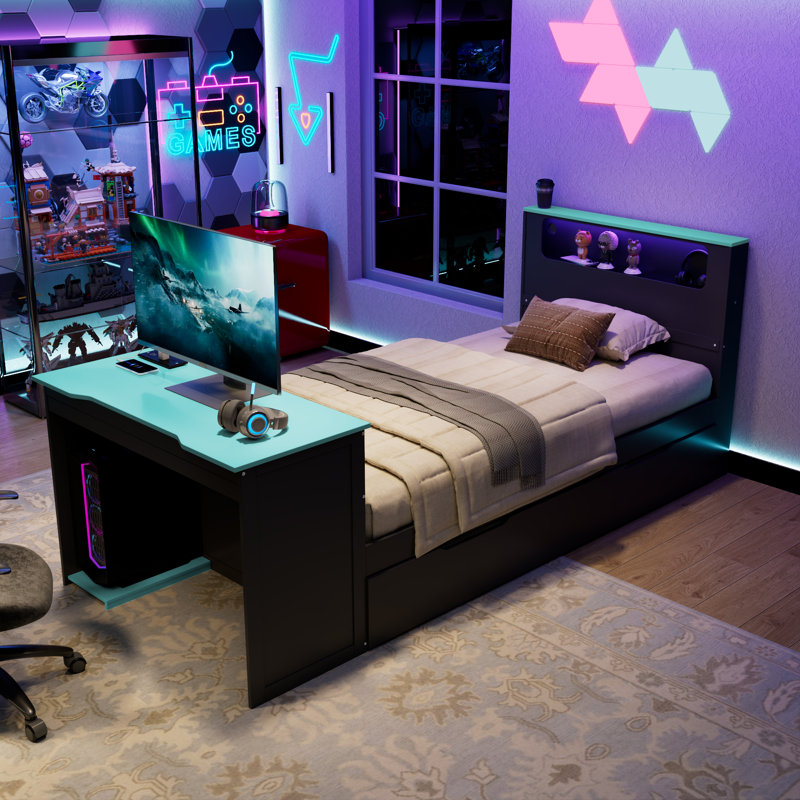 Twin Size Wood Daybed with Trundle, Desk, LED Light & USB, Multi-Functional Space-Saving, Black+Blue, Twin, Black/Blue