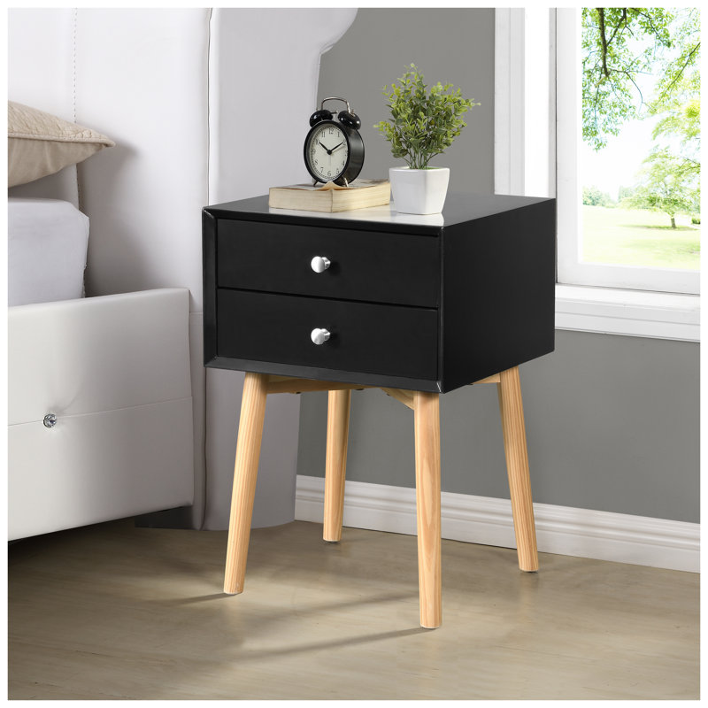 Table de chevet noire de 61 cm (24 po) avec 2 tiroirs et pattes fuselés en bois d'hévéa