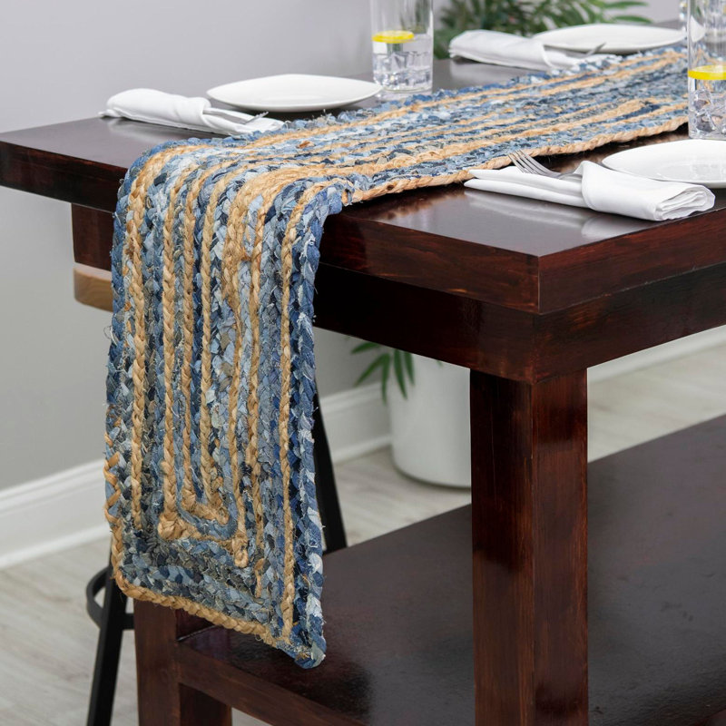 Philo Striped Handmade Braided Jute Blue Area Rug, Table Runner 1'2" x 8'