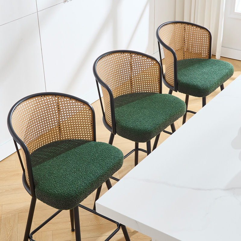 Green Boucle Fabric Swivel Bar Stools with Rattan Back and Metal Legs
