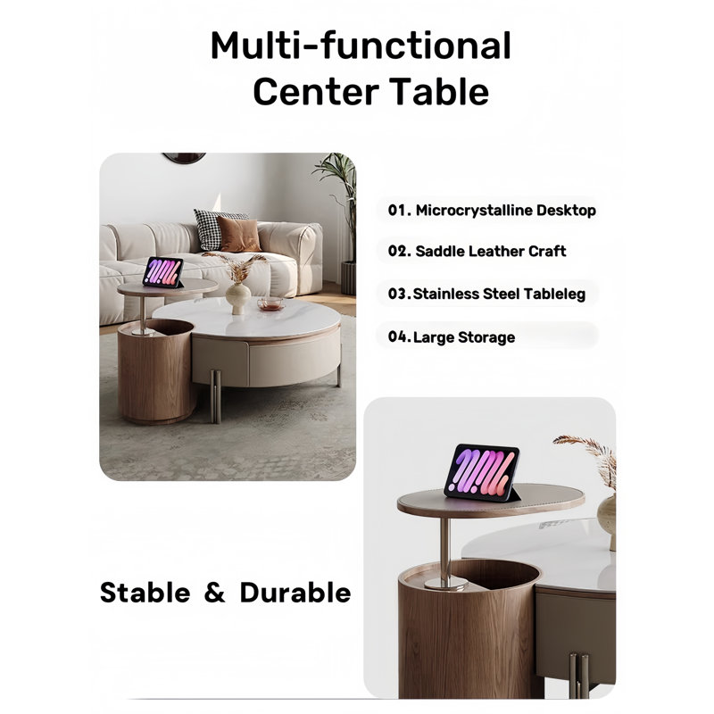 Small Round Side Table And Big Round Coffee Table With Drawers