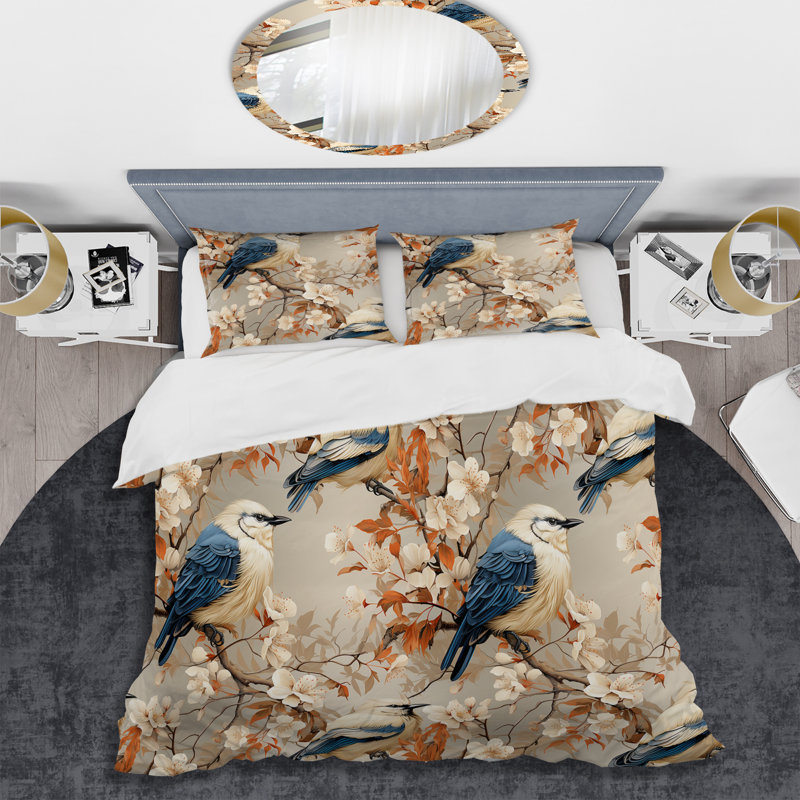 Blue And Cream Bird Illustrations I - Ensemble de housse de couette à motif floral