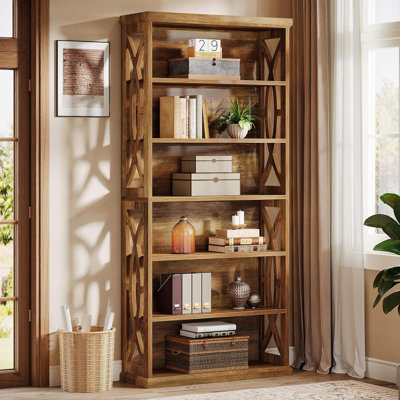 Bibliothèque industrielle à 6 niveaux en bois, bibliothèque autoportante de 71 po de hauteur, grande tablette rustique brune pour le bureau à domicile, le salon et la chambre à coucher