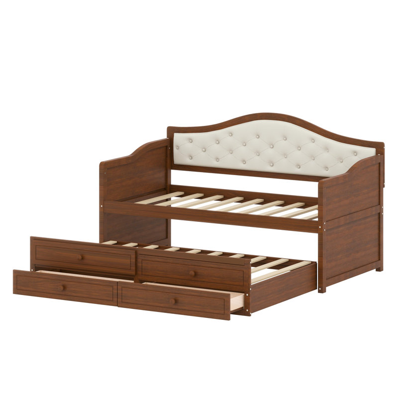 Versatile Sofa Bed Featuring Tufted Backrest, Trundle, and Built-In Storage, Walnut