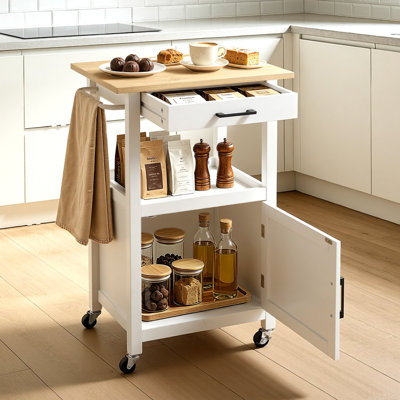 Chariot pour îlot de cuisine avec armoire à une porte, chariots mobiles avec tiroir, porte-serviettes, crochets, table portative sur roulettes, support pour micro-ondes à îlot de café pour salle à manger, 18 x 23 po, blanc