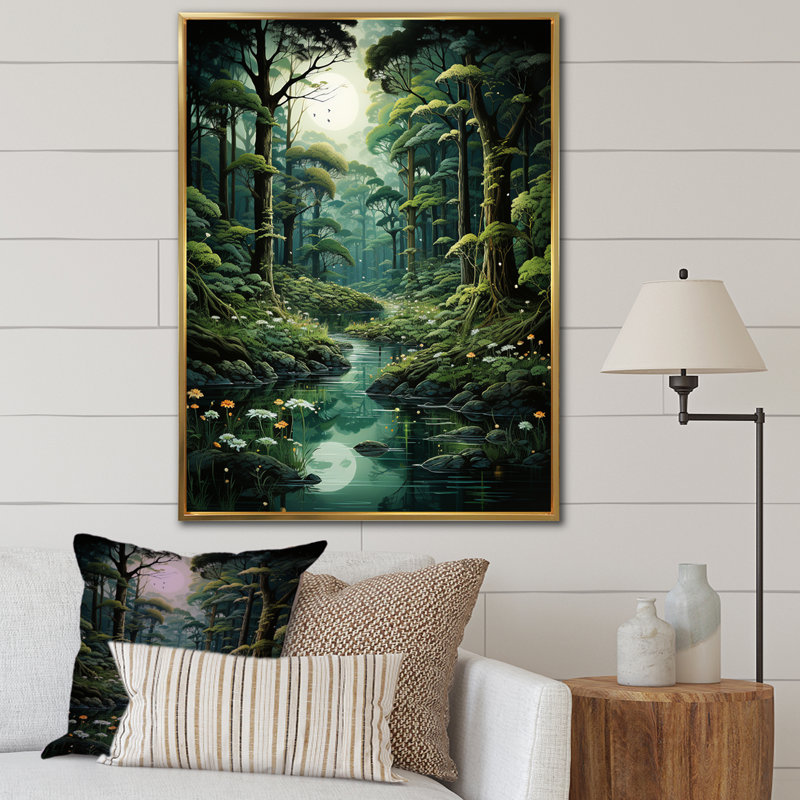 «Deep River Into The Forest I», art mural forêt, Cadre flottant doré, H 44 po x l 34 po x P 1,5 po