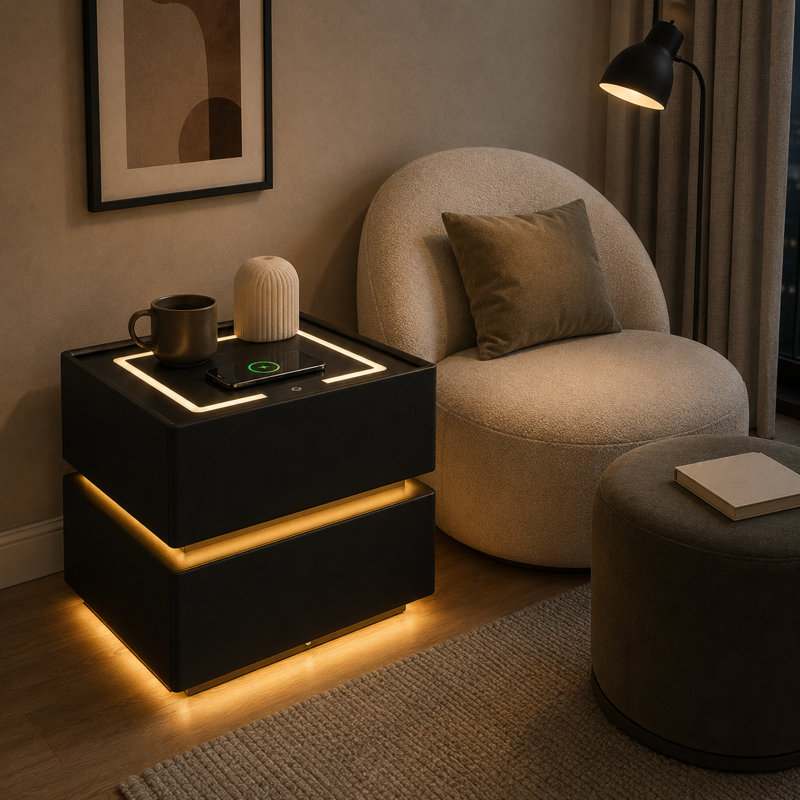 Table de chevet moderne à 2 tiroirs avec charge sans fil, veilleuse 3 couleurs, capteur L 19,7 po x P 15,9 po x H 18,5 po