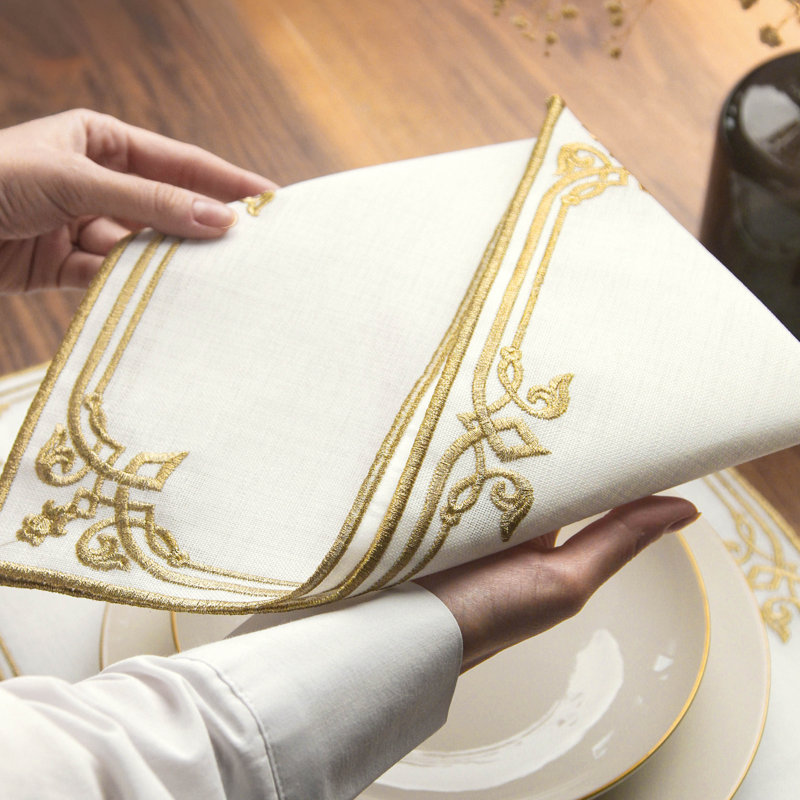 Embroidered White Linen Placemats with Gold Scrollwork – 24pc Elegant Table Mats Set for 6 Person | Islamic Decorative Dining Linens