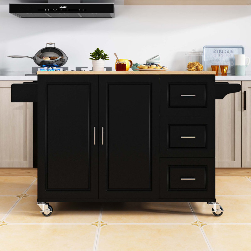 Reindeau Solid Wood Kitchen Island, Black