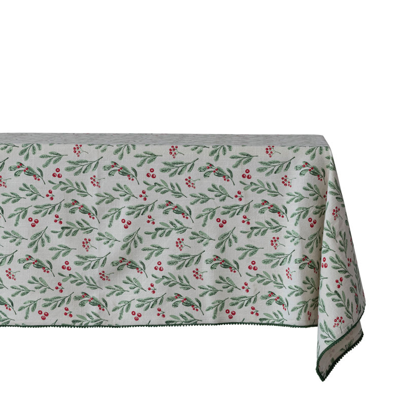 Mistletoe Cotton Tablecloth with Pom Pom Trim