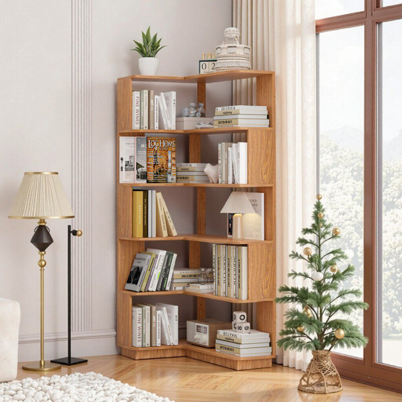 5-Tier L-Shaped Corner Bookcase: Space-Saving Storage Solution, Dark Oak