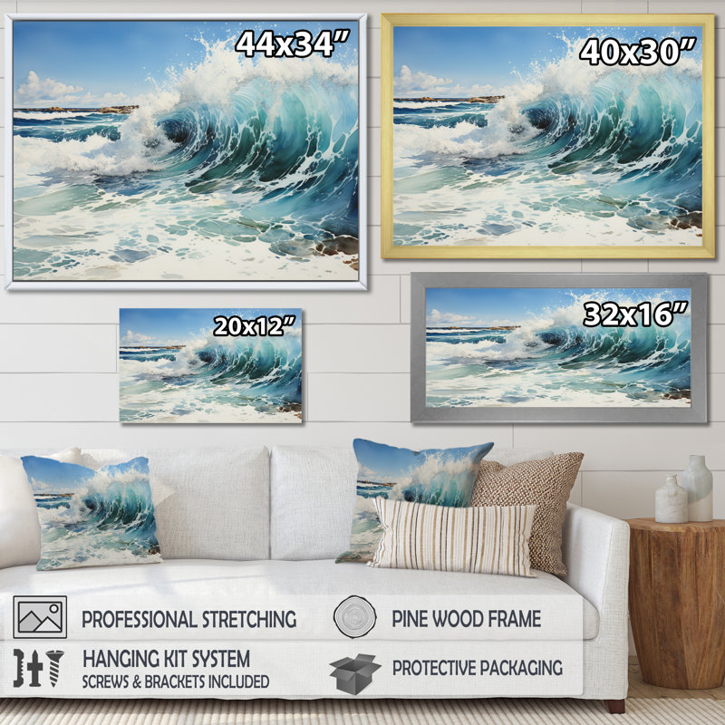 «Beach Surfs Up Pointillism I» - impressions sur toile de plage côtière, H 34 po x l 44 po x P 1,5 po, Cadre flottant noir
