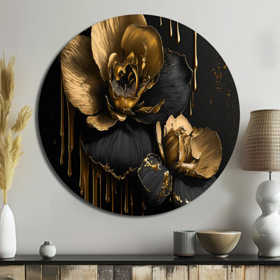 Black And Gold Orchid II - Floral Round Metal Art