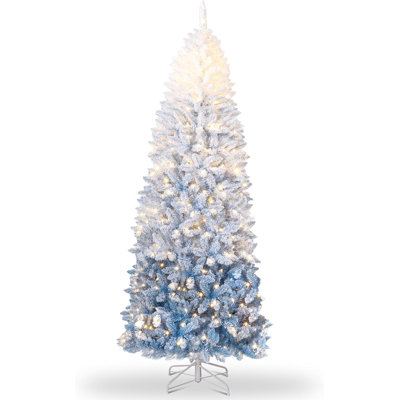 Pencil Christmas Tree Prelit, Blue Gradient Snow Flocked Holiday Decoration Xmas Tree with 100 Dual Color LED Lights & 320 Branch Tips, Includes Metal Stand