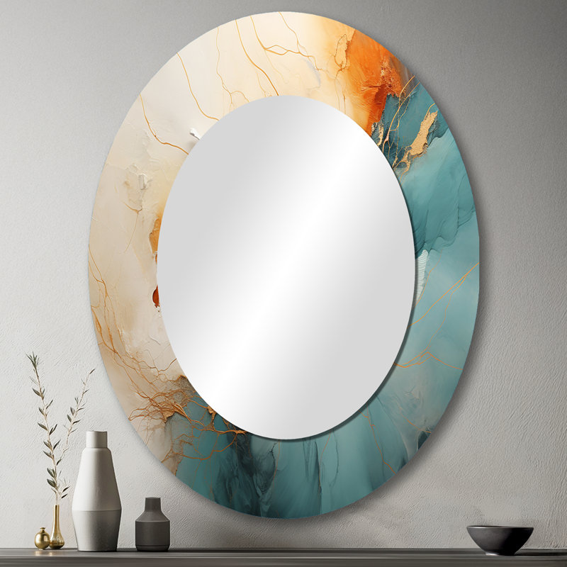 Teal Orange Bold Energy V - Abstract Oval Decorative Mirror On Metal, 43" x 33"